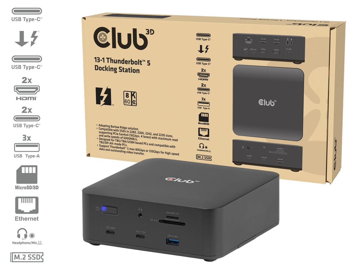 CLUB3D CSV-2562 13-1 Thunderbolt™ 5 Dockingstation M.2 SSD 2x HDMI™ 8K60Hz Thunderbolt™ Share  180W, Kabelgebunden, Thunderbolt 5, 140 W, 3,5 mm, 10,100,1000,2500 Mbit/s, Schwarz