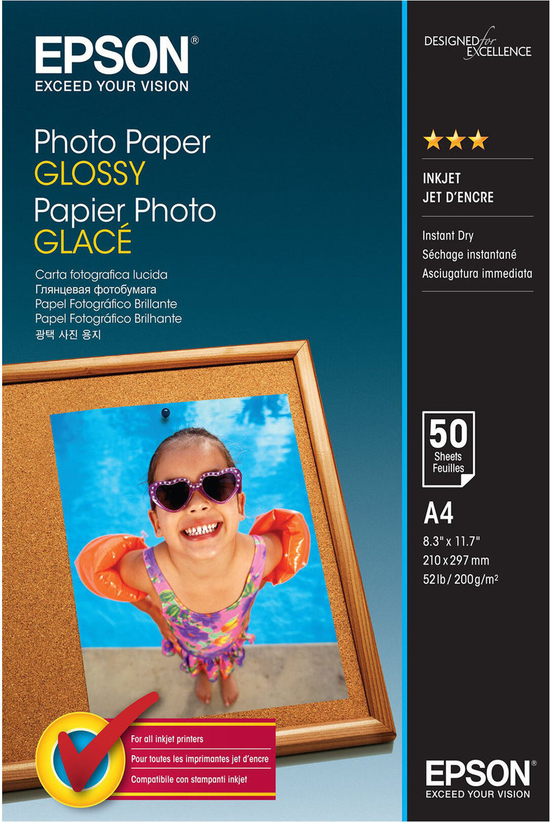 Epson Photo Paper Glossy - A4 - 50 Blätter, Glanz, 200 g/m², A4, Kalender, Cards and gift wraps, Daily use, Masks and party, Office printing, Photo collage, Photo..., 50 Blätter, - WorkForce WF-7610DWF - WorkForce WF-7110DTW - WorkForce WF-3620DWF -…