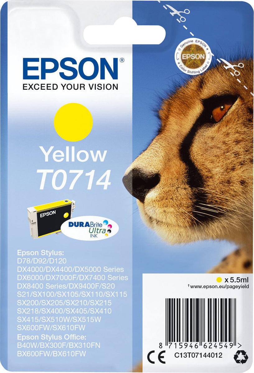Epson Singlepack Yellow T0714 DURABrite Ultra Ink, Standardertrag, Gelb, Tinte auf Pigmentbasis, 5,5 ml, 1 Stück(e), Einzelpackung