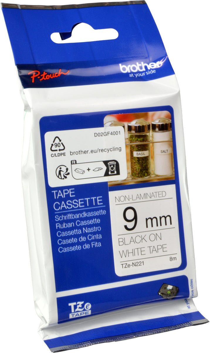 Brother Non-Laminated Labelling Tape - 9mm, Black/White, TZ, 8 m, 9 mm