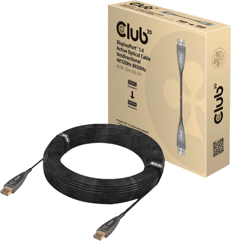CLUB3D DisplayPort 1.4 Active Optical Cable Unidirectional 4K120Hz 8K60Hz M/M 20m/65.62ft, 20 m, DisplayPort, DisplayPort, Stecker, Stecker, 7680 x 4320 Pixel