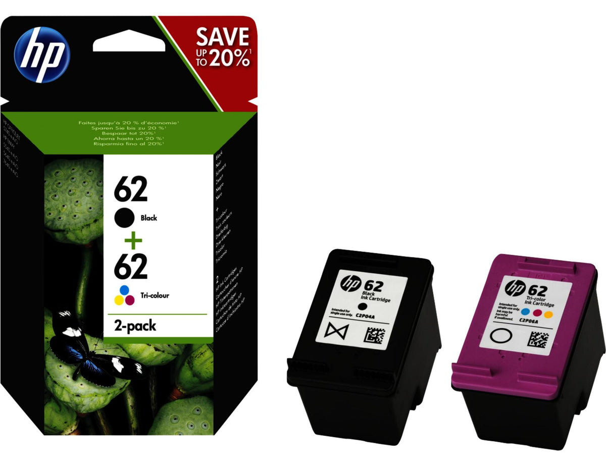 HP 62 2er-Pack Schwarz/Cyan/Magenta/Gelb Original Druckerpatronen, Standardertrag, Schwarz, Cyan, Magenta, Gelb, Tinte auf Pigmentbasis, Tinte auf Farbstoffbasis, 2 Stück(e), 200 Seiten