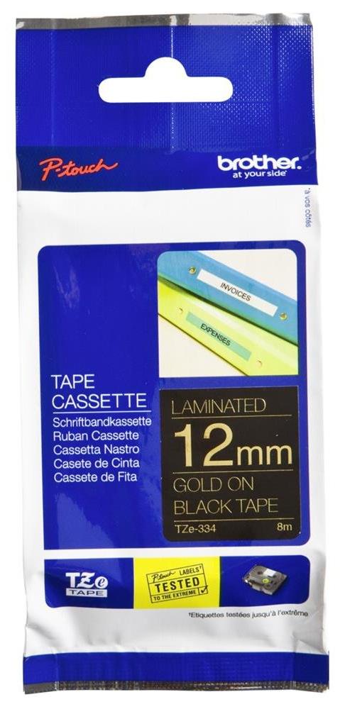 Brother Gloss Laminated Labelling Tape - 12mm, Gold/Black, TZ, China, 8 m, 172 mm, 108 mm, 335 mm