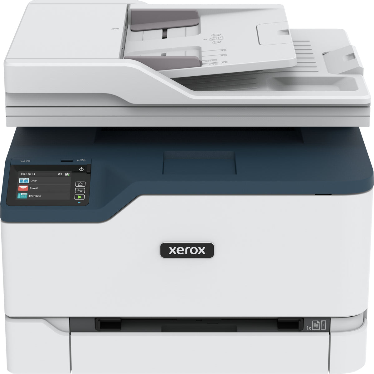 Xerox C235 A4 22 Seiten/Min. Kopie/Druck/Scan/Fax Wireless PS3 PCL5e/6 Automatischer Vorlageneinzug 2 Behälter Gesamt 251 Blatt, Laser, Farbdruck, 600 x 600 DPI, A4, Direktdruck, Blau, Weiß