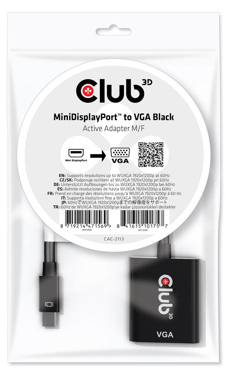 CLUB3D MiniDisplayPort™ to VGA Black Active Adapter M/F, 0,228 m, Mini Displayport, VGA, Stecker, Buchse, Gerade