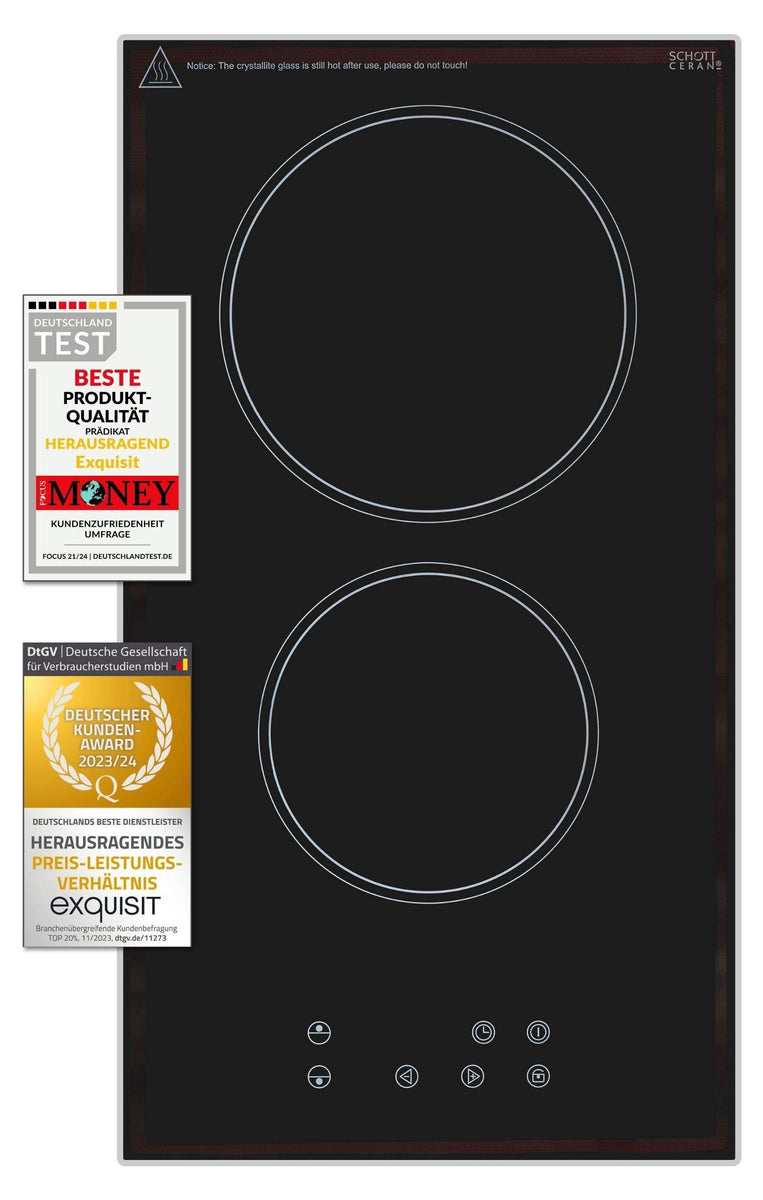 Exquisit Kochfeld EKC301-R-020 | Glaskeramik | Touch Control | Timer | Kindersicherung | Rahmenlos | 2 Kochstellen | 3000 W