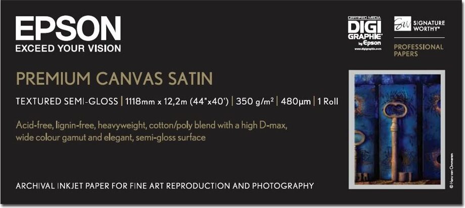 Epson Premium Canvas Satin, 44 Zoll x 12,2 m, 350 g/m2, Satin, 350 g/m², polyBaumwolle, - SureColor SC-P9000V - SureColor SC-P9000 Violet Spectro - SureColor SC-P9000 - SureColor..., 111,8 cm, 12,2 m
