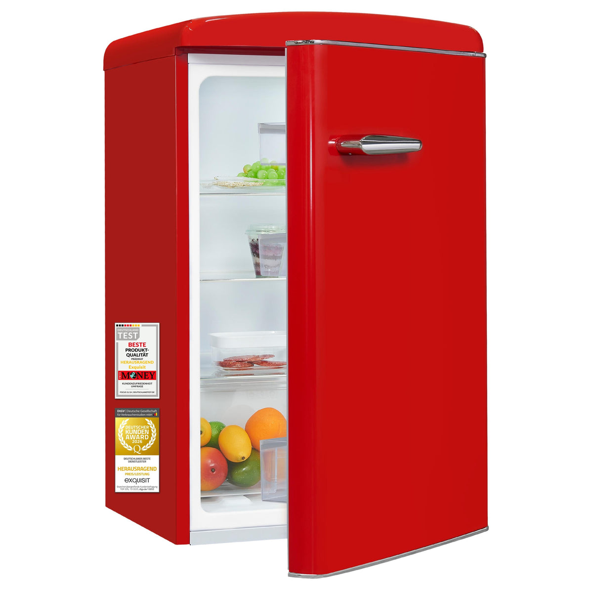 Exquisit Retro Kühlschrank 120 l | Energieklasse C | leise 38 dB | 54,5 cm schmal | LED-Beleuchtung | RKS120-V-H-160C rot | Rot