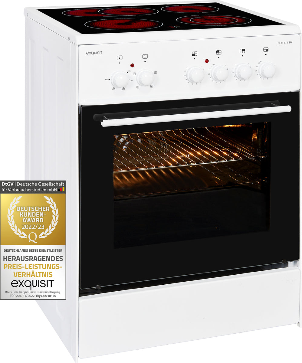 Exquisit ECM 6-4 BZ Elektro-Standherd | Glaskeramik | 4 Kochstellen | Bräter-u. Zweikreiszone | Grill | Umluft | Inox