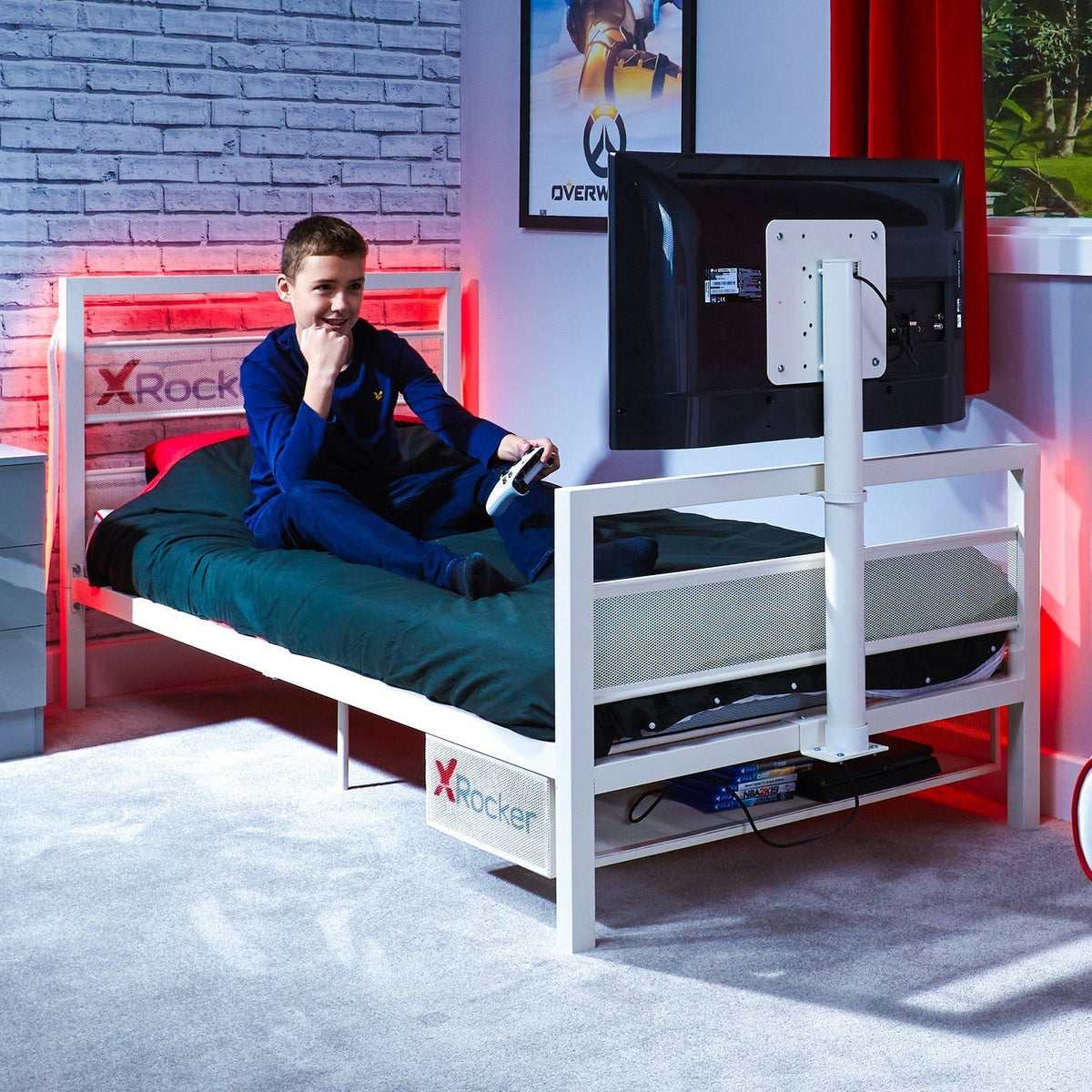 XRocker Gaming Einzelbett weiß/TV-Halterung/Metall