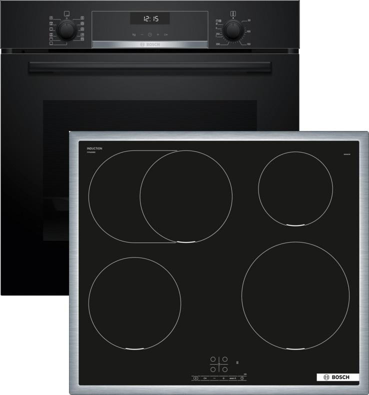 Bosch HBG537BB4 + PIF645BB5E, Zonen-Induktionskochfeld, 4 Zone(n), Glaskeramik, Schwarz, Berührung, 58,3 cm