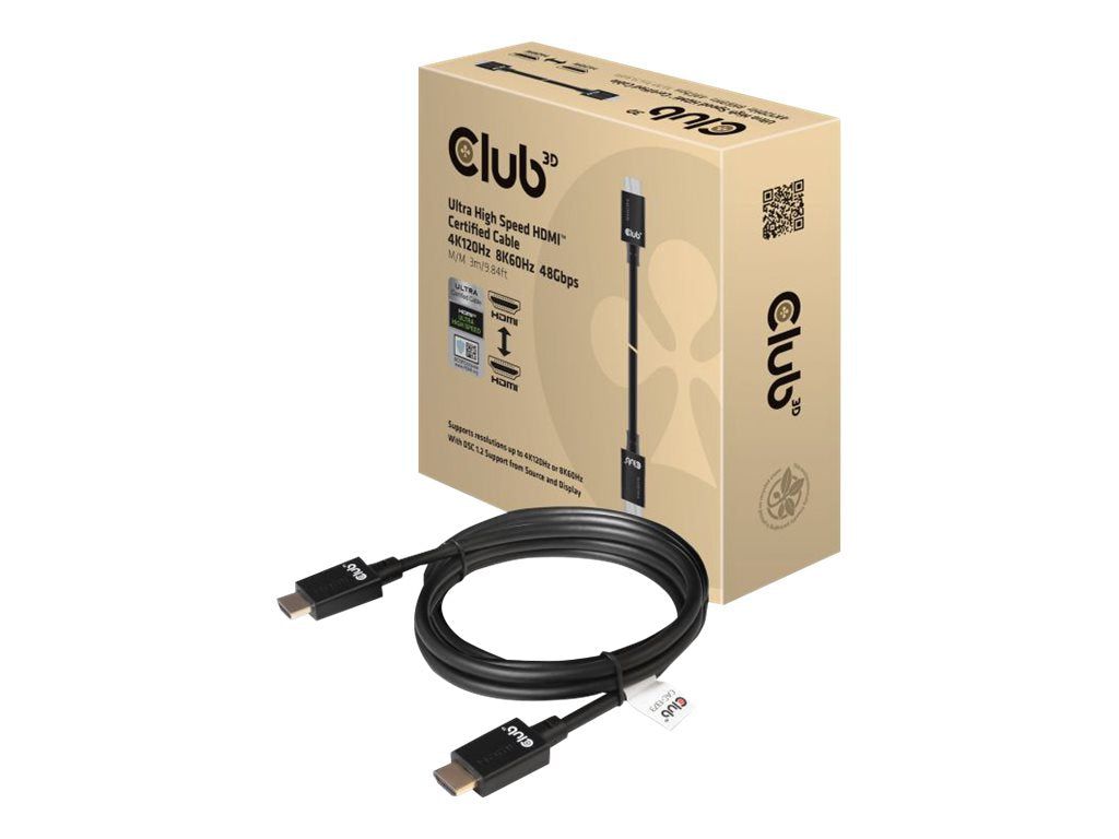 CLUB3D Ultra High Speed HDMI 4K120Hz, 8K60Hz Cable 48Gbps M/M 3 m/ 9.84ft, 3 m, HDMI, HDMI, 3D, 48 Gbit/s, Schwarz