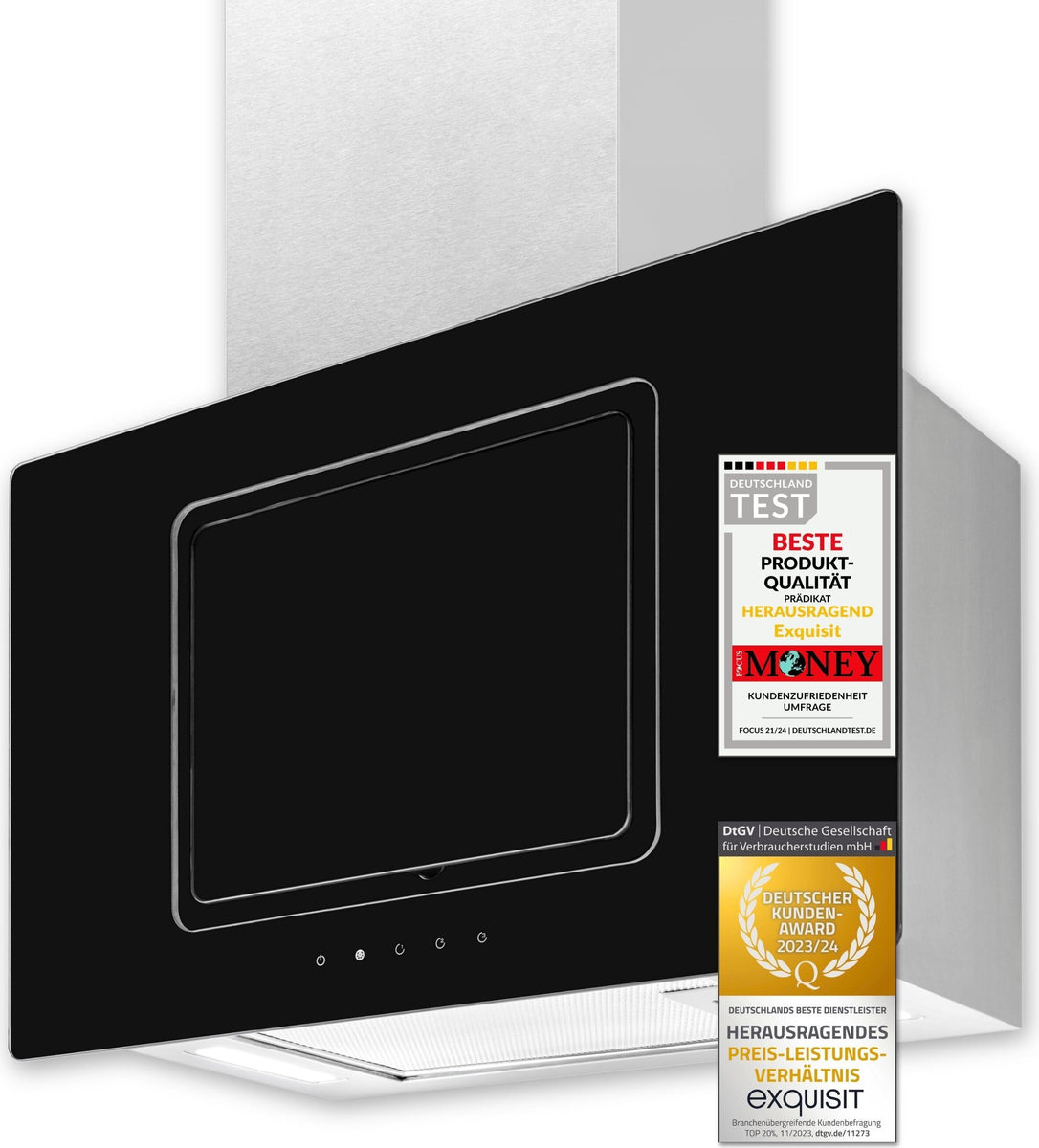 Exquisit KFD 60-9 Duo Inox Kopffrei -Dunstabzugshaube | Glasschirm | LED-Beleuchtung | Inox