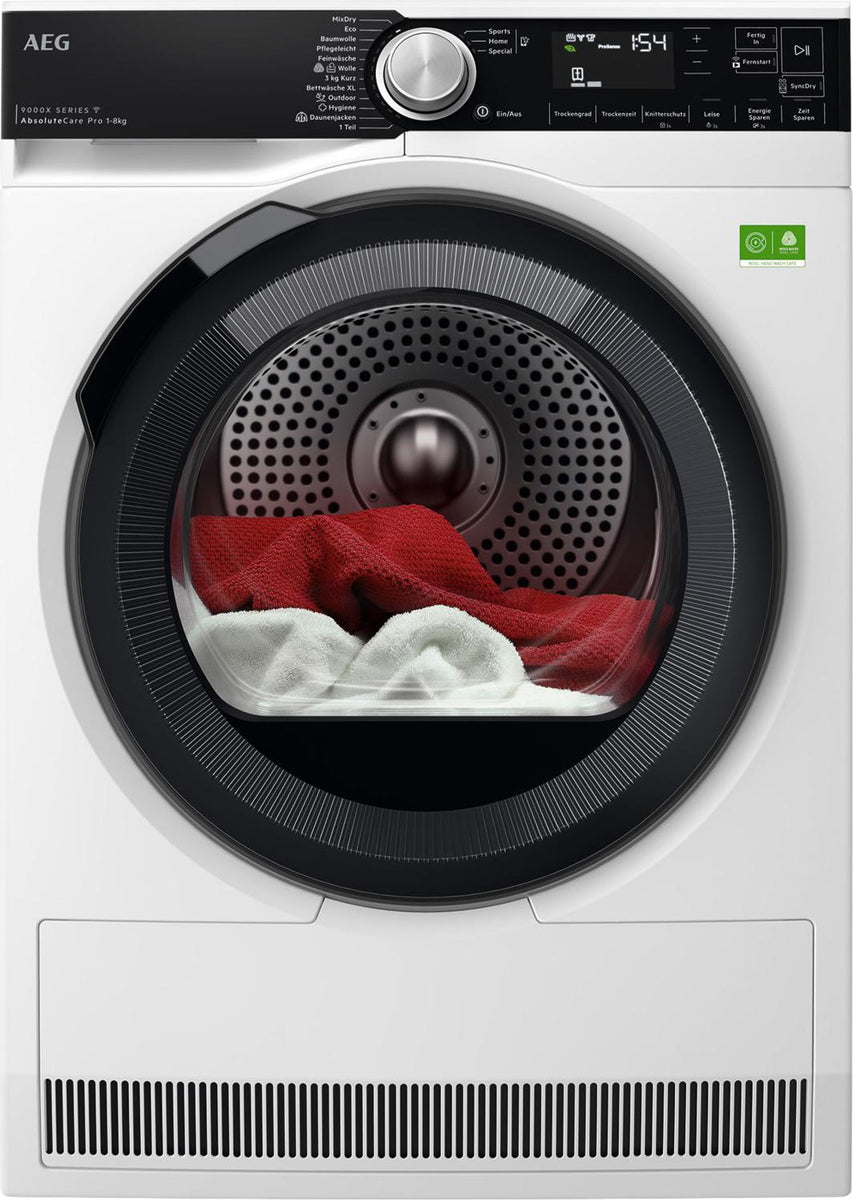 AEG 9000X Series TR9XW80880, Freistehend, Frontlader, Wärmepumpe, Weiß, Drehregler, Berührung, Rechts