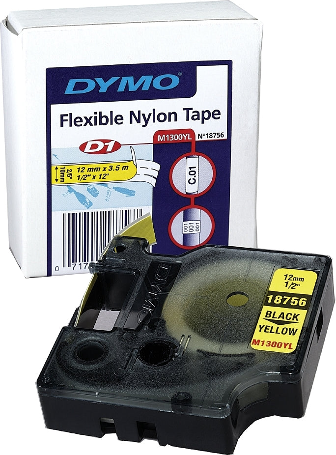 DYMO Rhino Industrie Nylonetiketten | flexibel | 19 mm x 3,5 m | schwarze Schrift auf weißem Untergrund | selbstklebendes Schriftband, Schwarz auf weiss, Mehrfarbig, Nylon, -10 - 80 °C, UL 969, DYMO