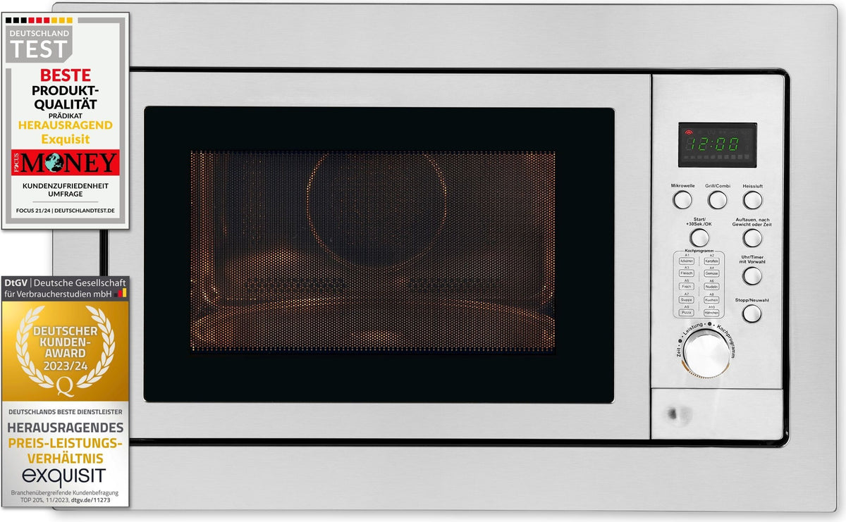 Exquisit Einbau-Mikrowelle EMW 2539.1 Hi | Heißluft & Grill | max. 2500 W | Garraum 25 l | Edelstahl-Glas Front
