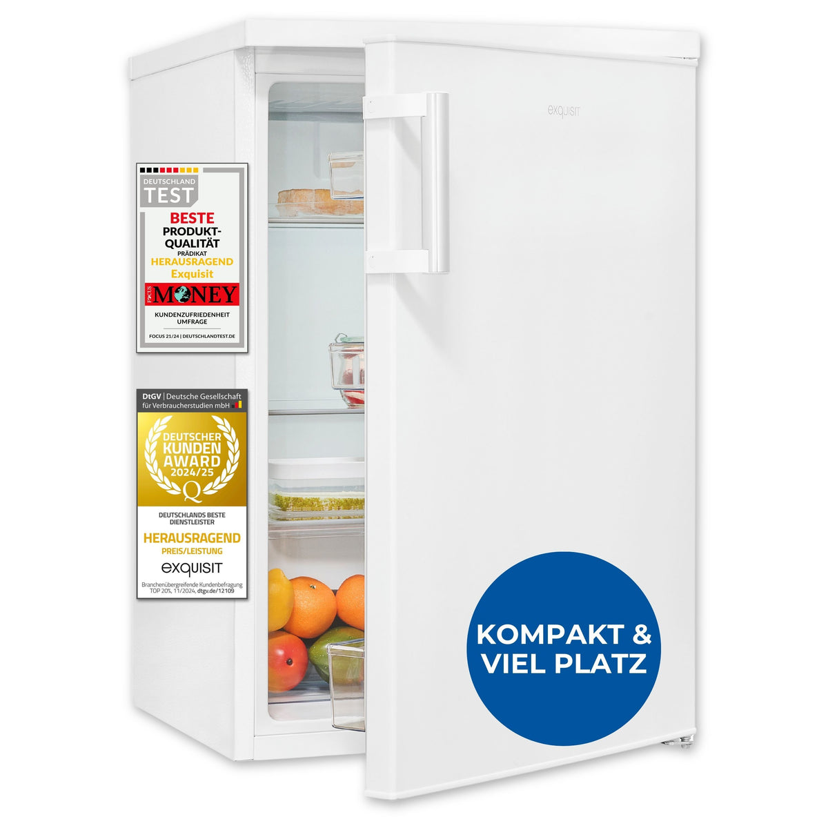 Exquisit Kühlschrank ohne Gefrierfach, 133 l, LED-Beleuchtung, 3 Glasablagen, Temperaturregelung, wechselbarer Türanschlag, KS16-V-H-010C weiss