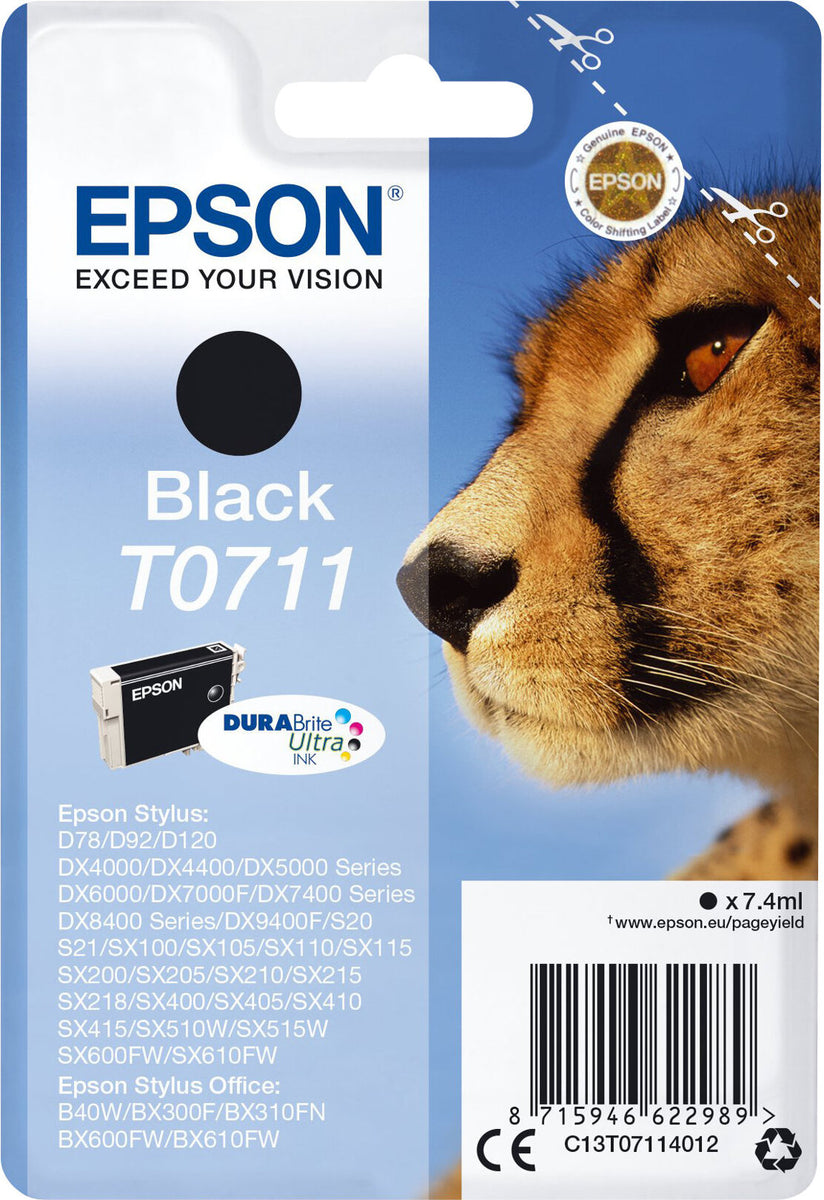 Epson Cheetah Singlepack Black T0711 DURABrite Ultra Ink, Standardertrag, Schwarz, Tinte auf Pigmentbasis, 7,4 ml, 1 Stück(e), Einzelpackung