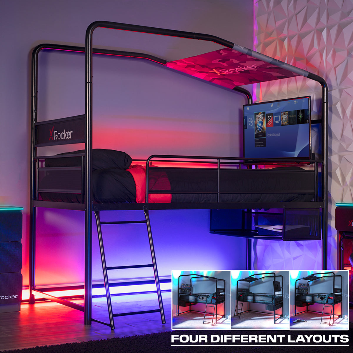 XRocker Gaming Hochbett Contra/TV-Halterung/Metall/schwarz