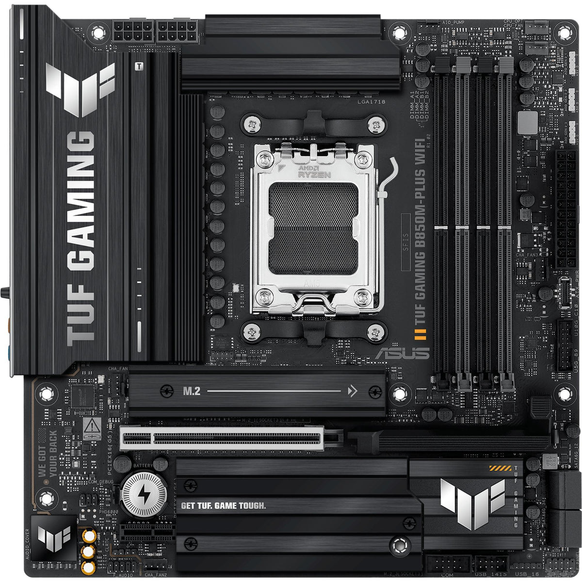 ASUS TUF GAMING B850M-PLUS WIFI, AMD, Sockel AM5, AMD Ryzen 7000 Series, AMD Ryzen 8000 Series, AMD Ryzen 9000 Series, Sockel AM5, DDR5-SDRAM, 192 GB