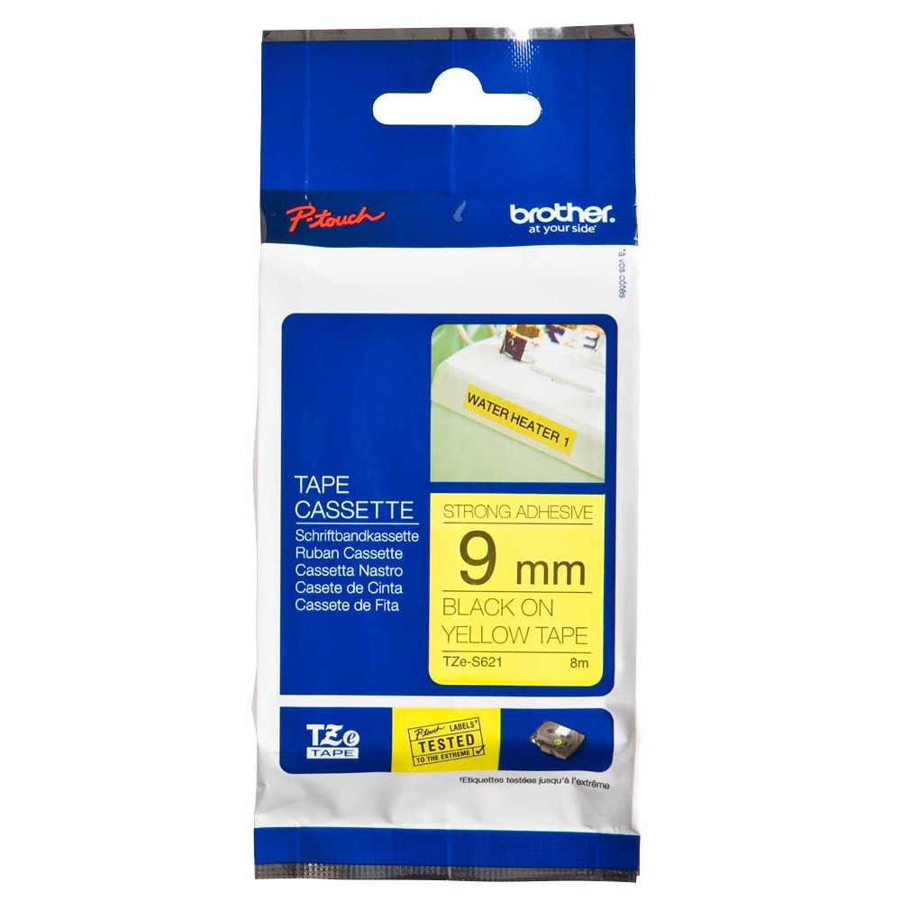 Brother Strong Adhesive Gloss Laminated Tape - 9mm, Black/Yellow, TZ, 8 m, 9 mm