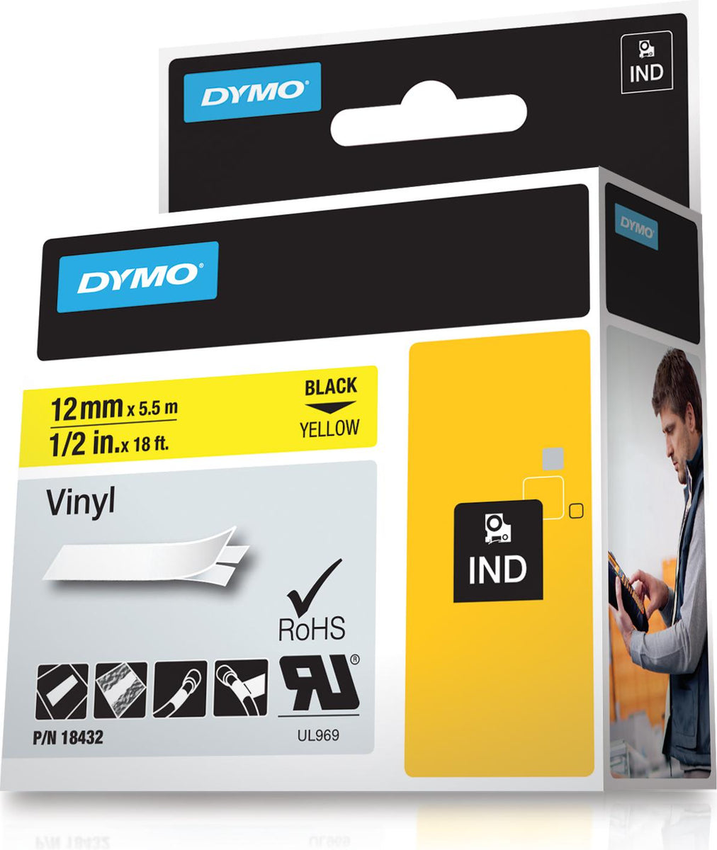 DYMO Rhino-Industrie-Vinyletiketten | 12 mm x 5,5 m | schwarz auf gelb | selbstklebend | für Rhino und LabelManager Beschriftungsgerät, Schwarz auf gelb, Mehrfarbig, Vinyl, -40 - 80 °C, UL 969, DYMO