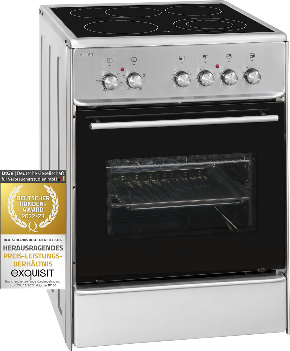 Exquisit ECM 6-4 BZ Inox Elektro-Standherd | Glaskeramik | Bräter-/ Zweikreiszone | Ober-/ Unterhitze, Grill | Umluft | Inox